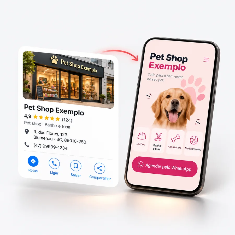 Ficha de um pet shop no mapa ao lado do celular com o site pronto