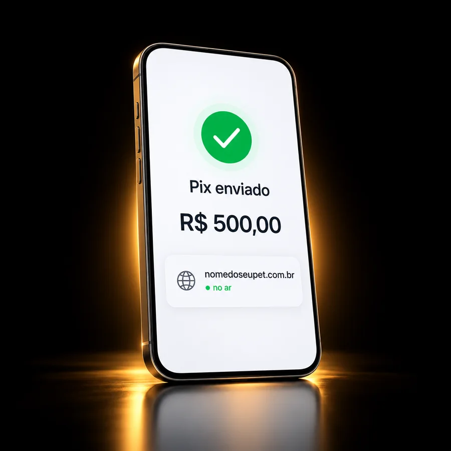 Celular mostrando o Pix confirmado e o site no ar