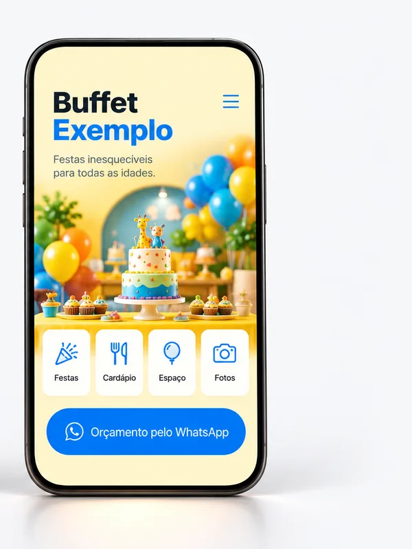 Celular com o site de exemplo de um buffet infantil