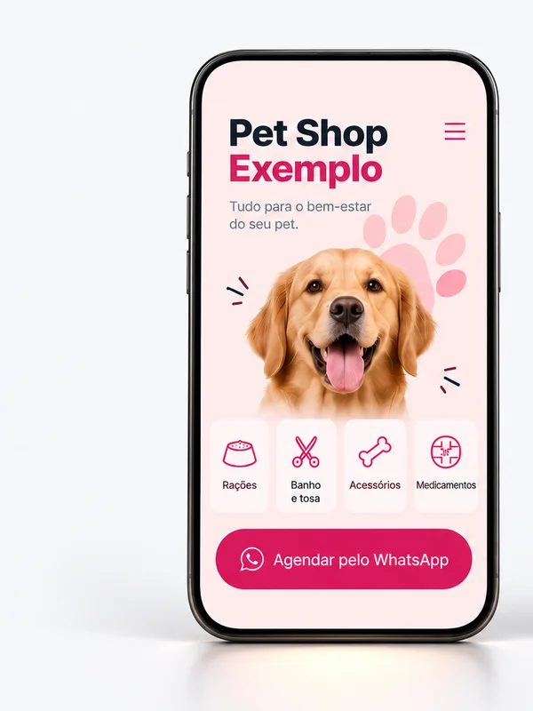 Celular com o site de exemplo de um pet shop